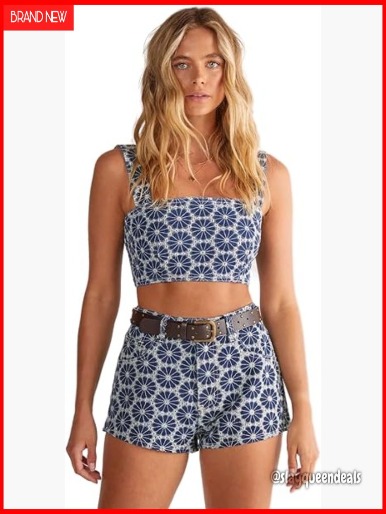 Denim Floral Embroidered Strappy Crop Top Square Neck